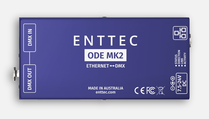 Top down view of the ENTTEC Open DMX Ethernet (ODE Mk2) gateway node