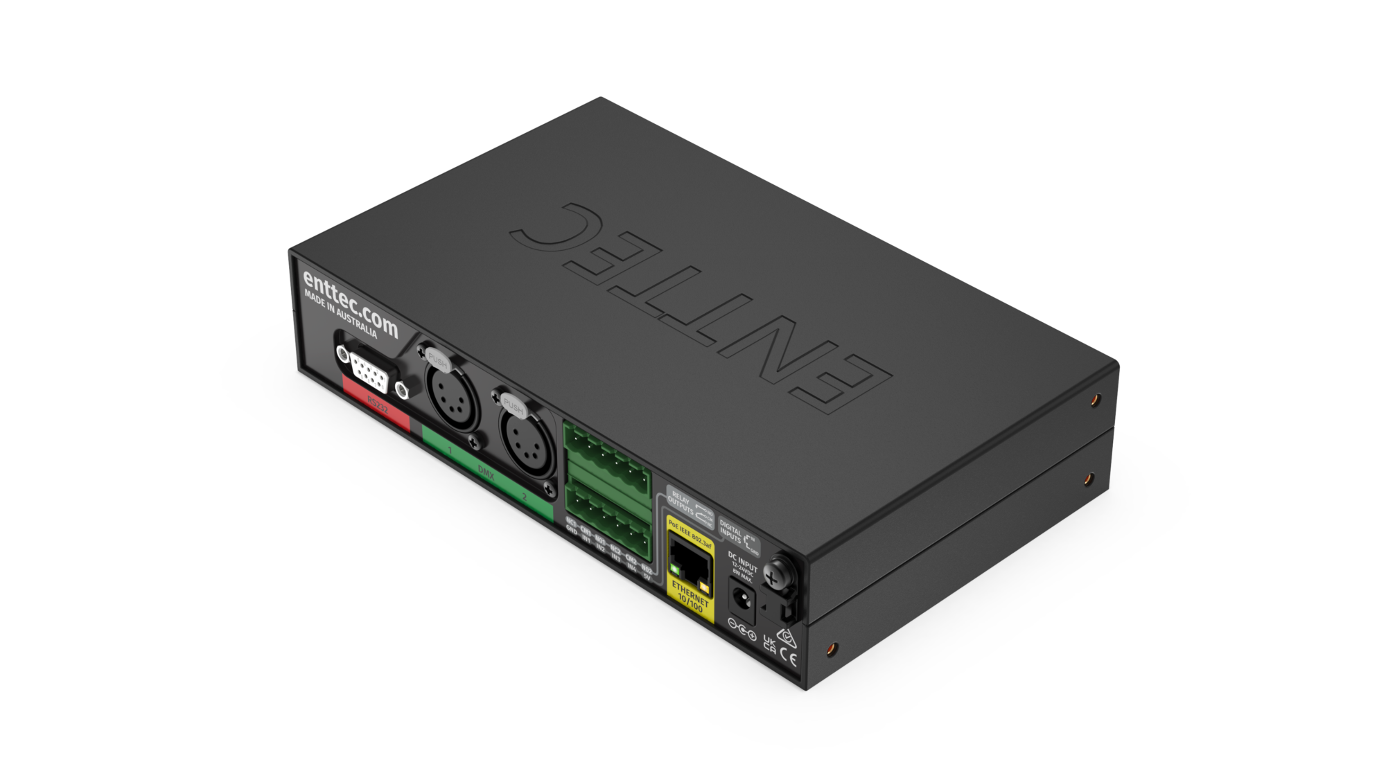 Rear ports of the ENTTEC S-Play DMX, ArtNet and sACN lighting controller with show creation and record functionality. RS232, 5-pin DMX, Dry inputs (GPI) Relay outputs, Power over Ethernet (PoE) and DC input ports.