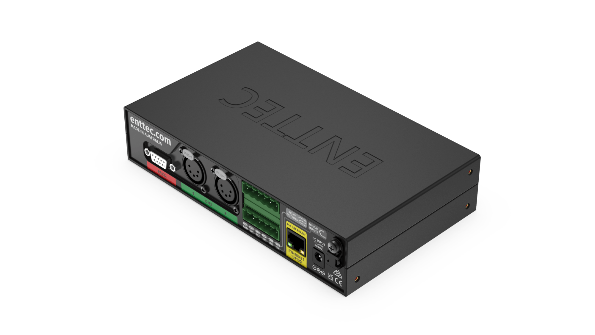 Rear ports of the ENTTEC S-Play DMX, ArtNet and sACN lighting controller with show creation and record functionality. RS232, 5-pin DMX, Dry inputs (GPI) Relay outputs, Power over Ethernet (PoE) and DC input ports.