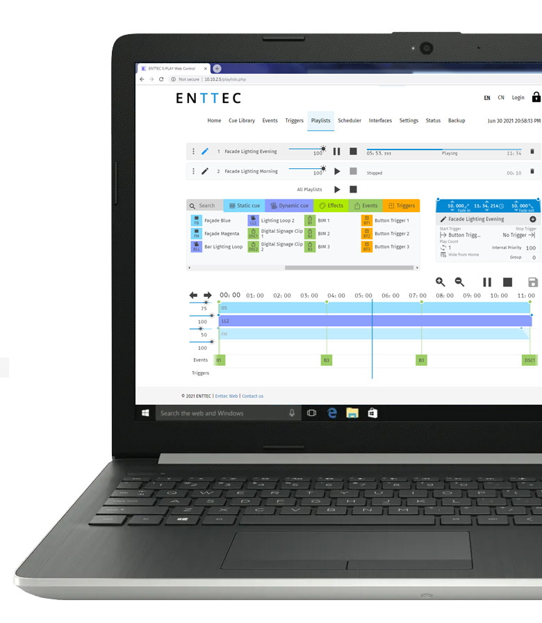 Laptop showing the S-Play's web interface playlist interface with timelines featuring events, triggers DMX recordings and static scenes created on the S-Play.