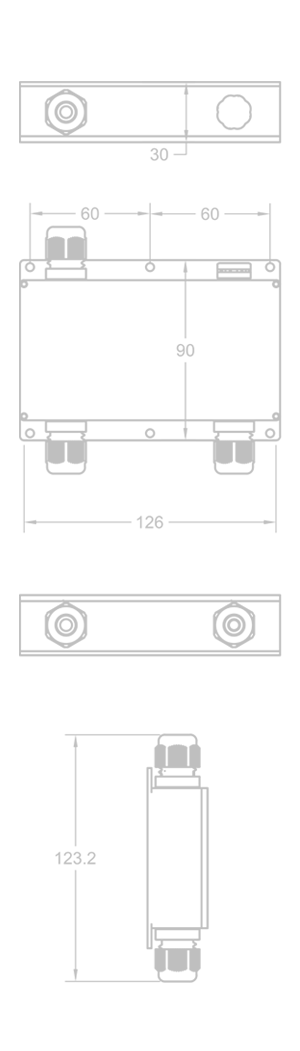 Wireframe diagram of all ENTTEC IP Plink injector 2 DMX universe outdoor rated pixel output control device.