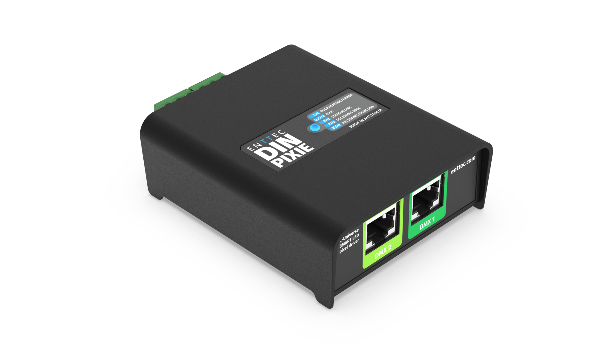 ENTTEC DIN Pixie two universe SPI to DMX converter showing two RJ45 DMX input connectors.