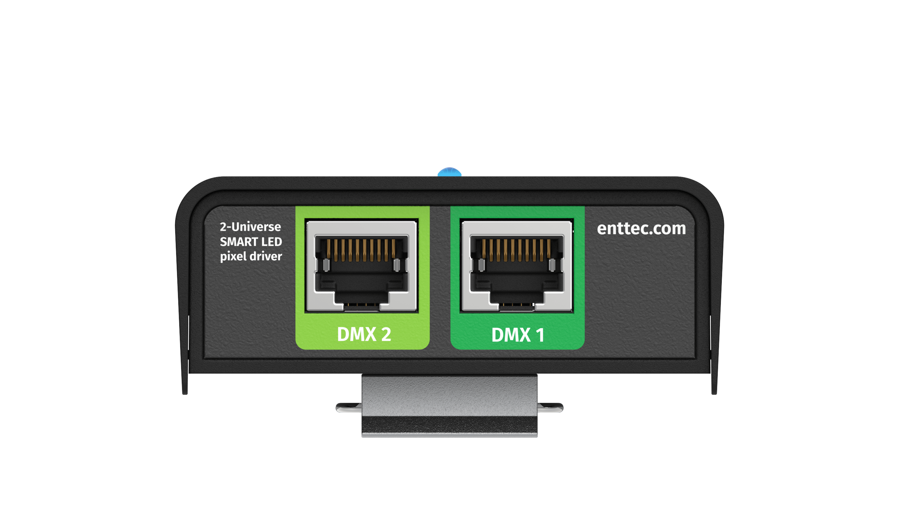 Rear ports of the ENTTEC DIN Pixie DMX to SPI converter with DIN mounting bracket attached.