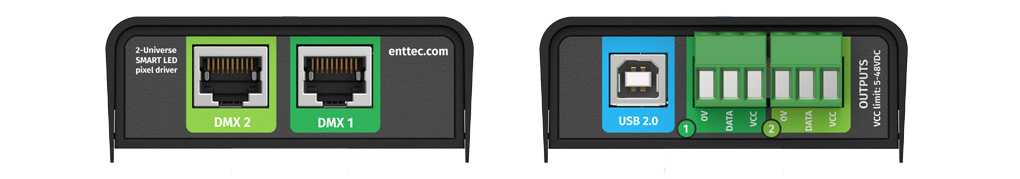 Front and rear ports of the ENTTEC DIN Pixie DMX to SPI pixel converter.
