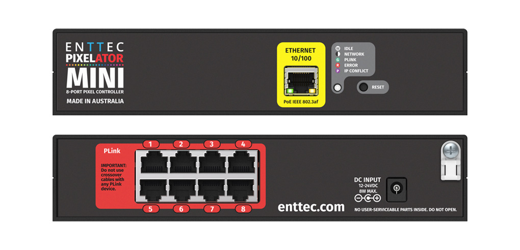 Front and rear of the ENTTEC Pixelator Mini ethernet to pixel converter showing its front and rear ports.