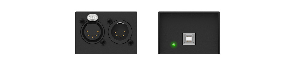 Front and rear of the DMX USB Pro usb interface showing its XLR 5 DMX ports, USB type B connector and green indicator LED.